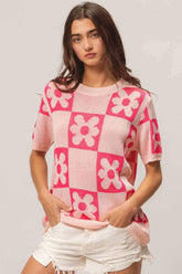 Stylish Pink Flower Checker Pattern Short Sleeve Sweater, Sweaters, $ 45.00, A Moment Of Now™